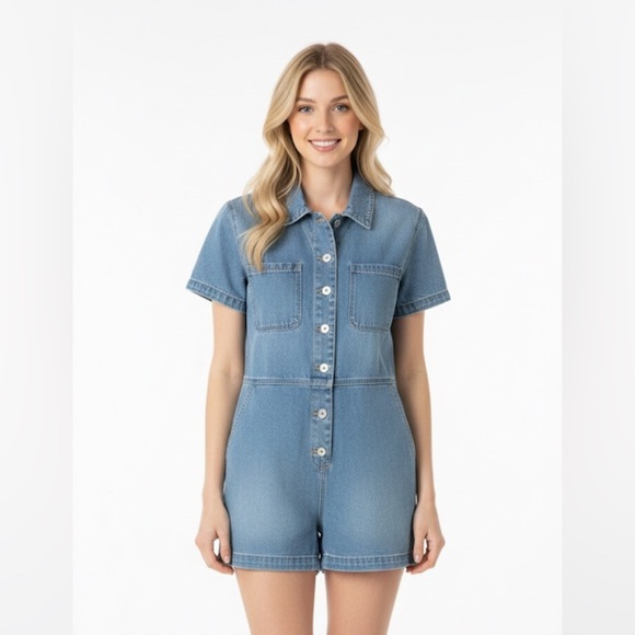 Jessica Simpson denim jean Christen romper shorts jumpsuit size small - Picture 1 of 14